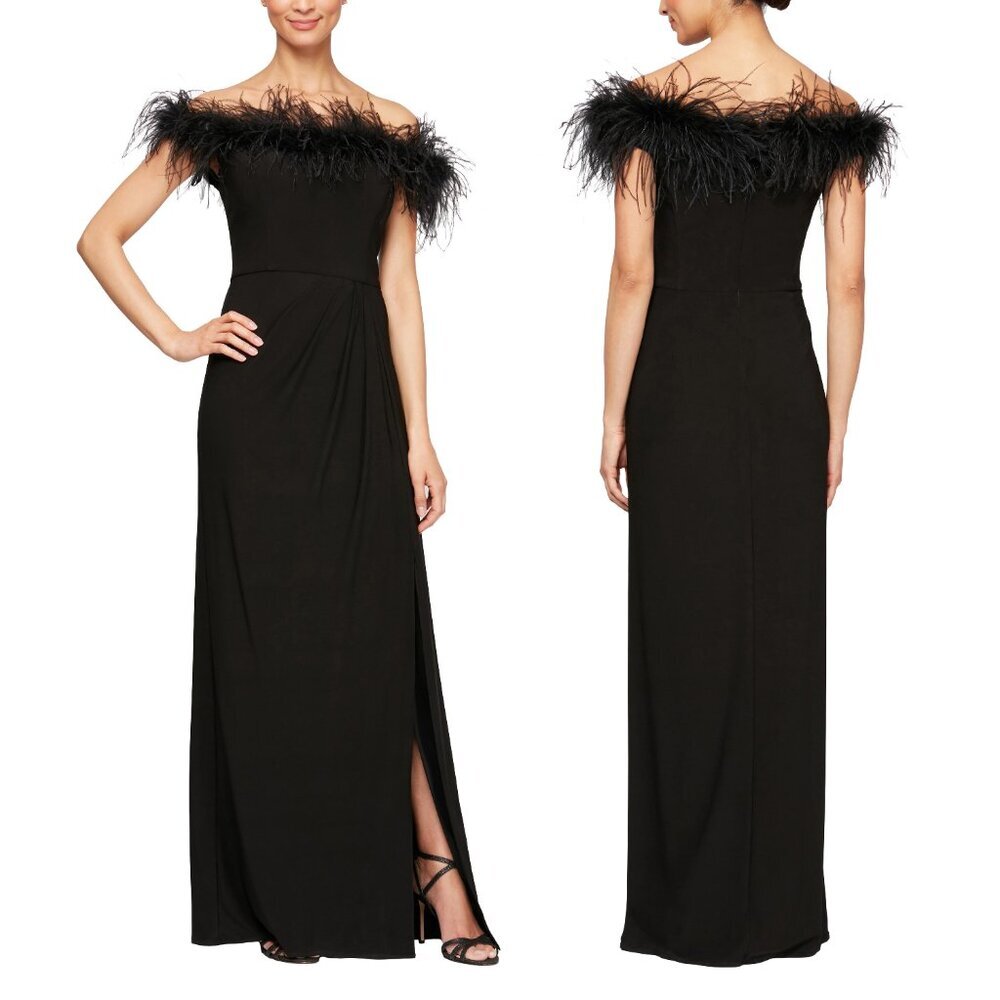 Alex Evenings Black Feather Trimmed Off the Shoulder Gown | NEW | Size 10